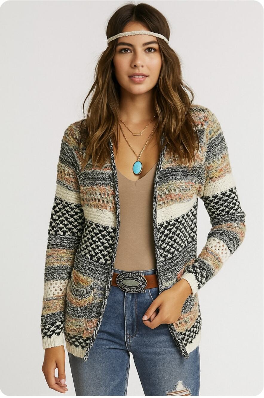 Kamana Multicolor Open Knit Fringe Cardigan Sweater Open Front Boho Sz Small